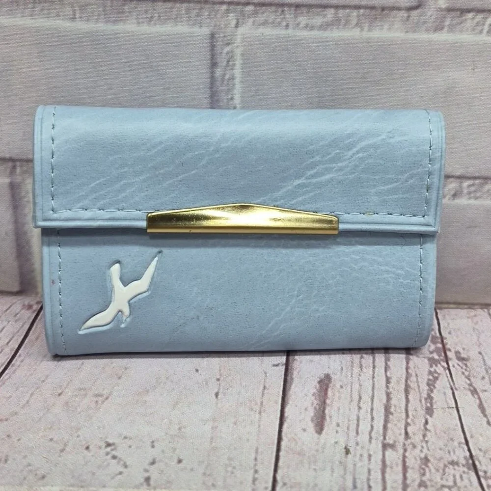 VTG Leggs Womens Wallet Light Blue Bird Motiff Photo Insert Snap Closure Pouches
